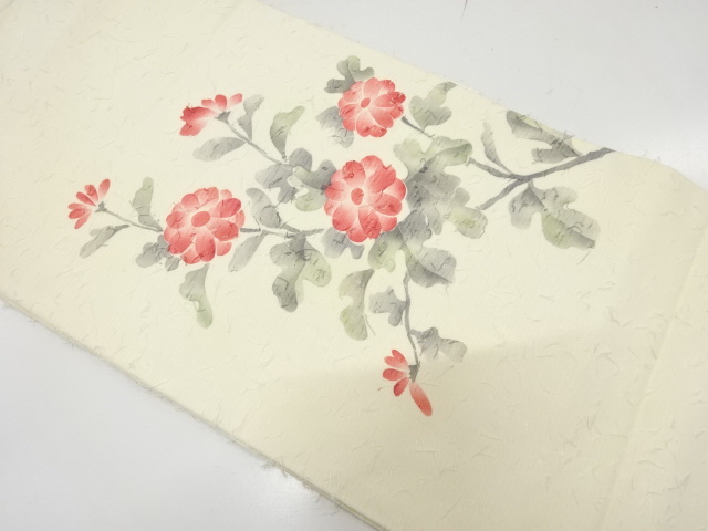 作家物　ひげ紬　手描き　菊模様　名古屋帯